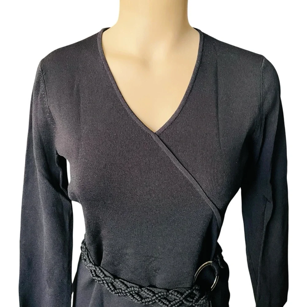 CABLE & GAUGE Knit Top Vintage V-Neck 3/4 Sleeves Attached Braided Belt Medium